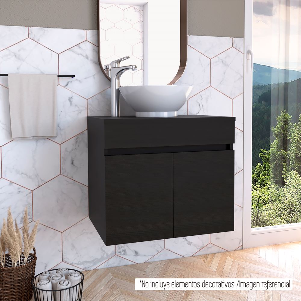 Mueble de Lavamanos Flotante Manchester, Wengues puertas batientes y repisa para colocar objetos de aseo - vista 3