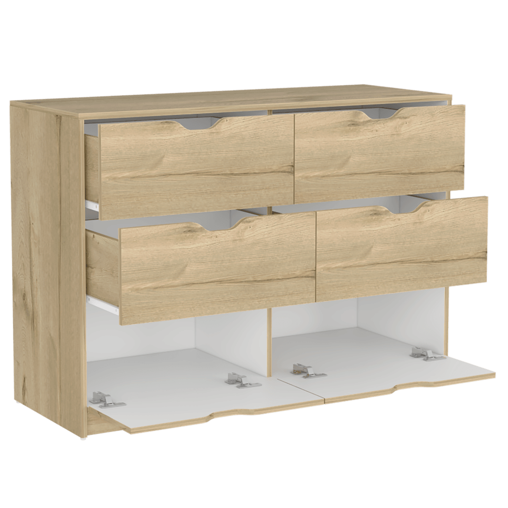 Comoda Cuatro Cajones Brasilea, Duna y Blanco Duqueza, con cuatro cajones multiusos deslizables - vista 3