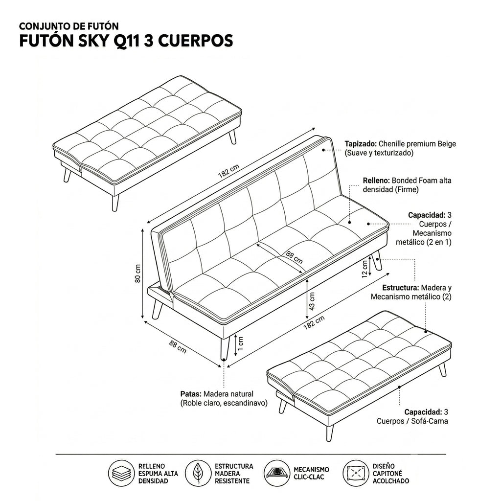 Mons Futón Sky Q11 3 Cuerpos Beige