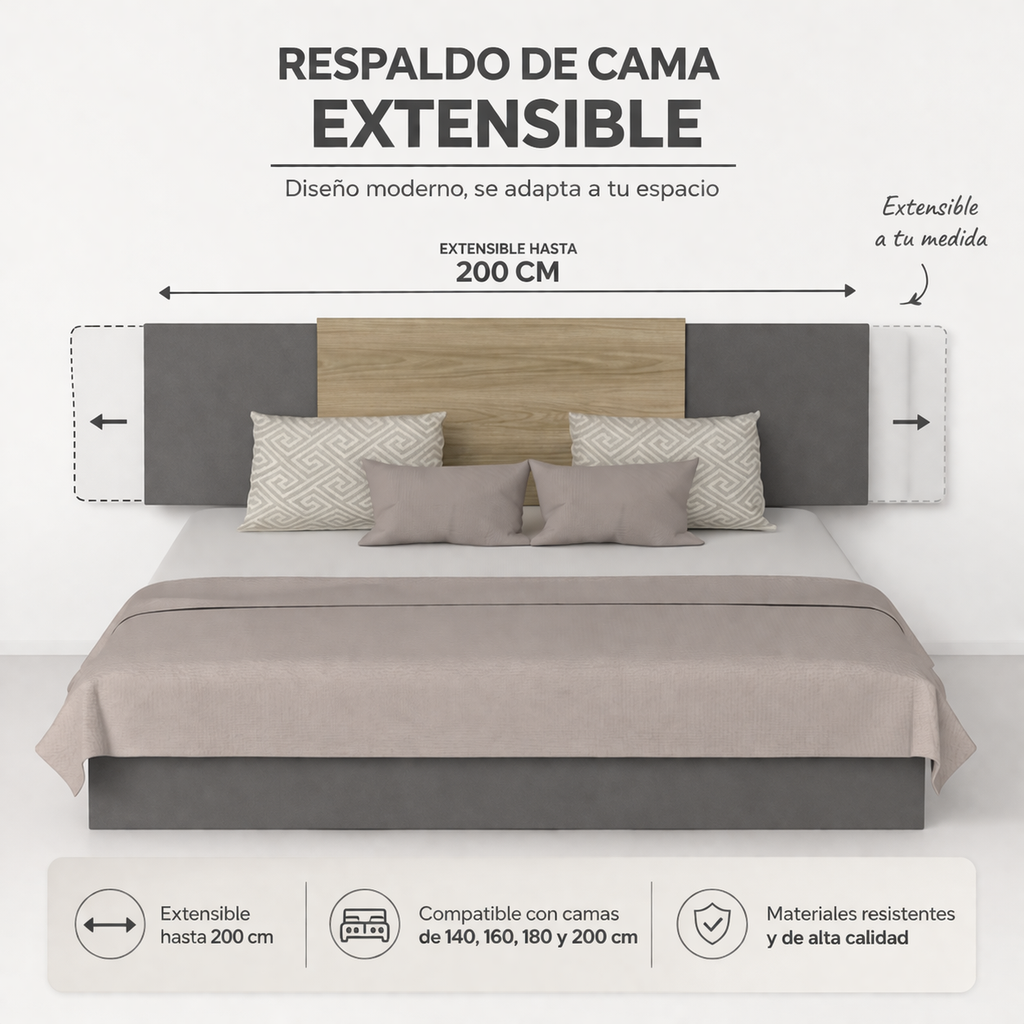 Respaldo De Cama Dos Plazas Neuss Graduable, Miel Y Plomo - vista 3