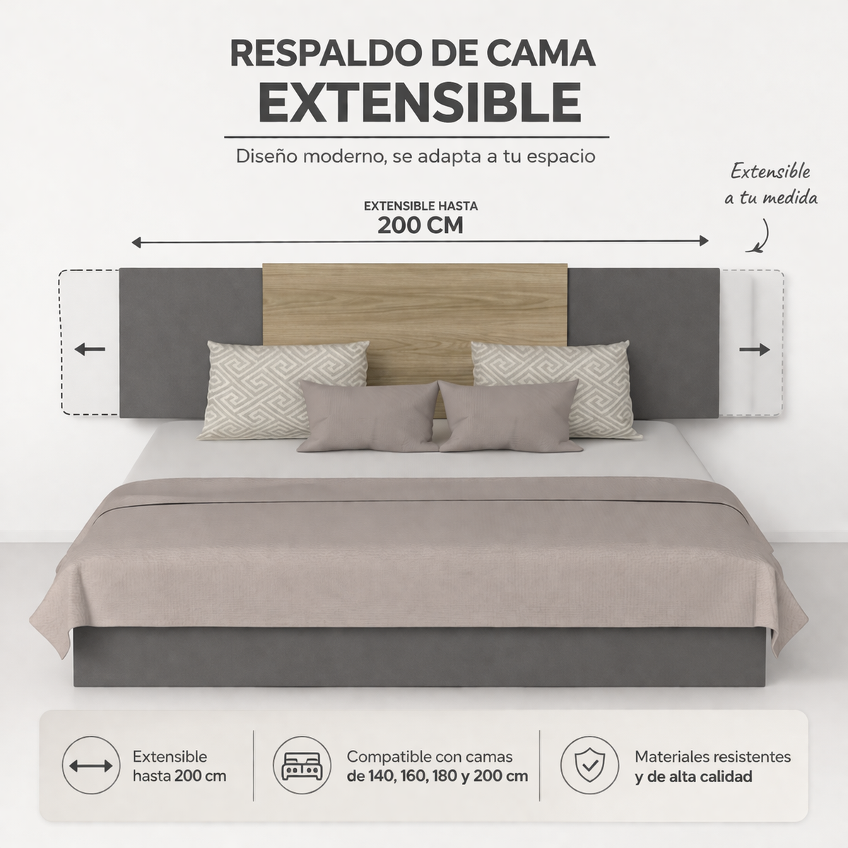 Respaldo De Cama Dos Plazas Neuss Graduable, Miel Y Plomo - vista 3
