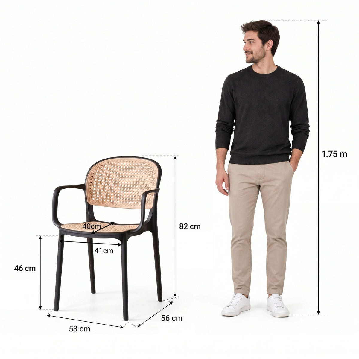 Silla con Brazos Nest, Color Negro y Beige, con Espaldar y Asiento en Rejilla - imagen 4