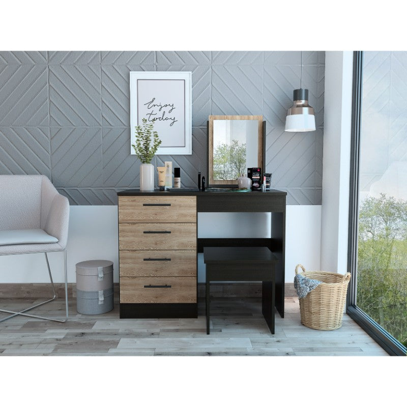 Mueble de Tocador Kaia, Wengue y Miel, con cuatro amplios cajones organizadores y una banqueta - vista 2