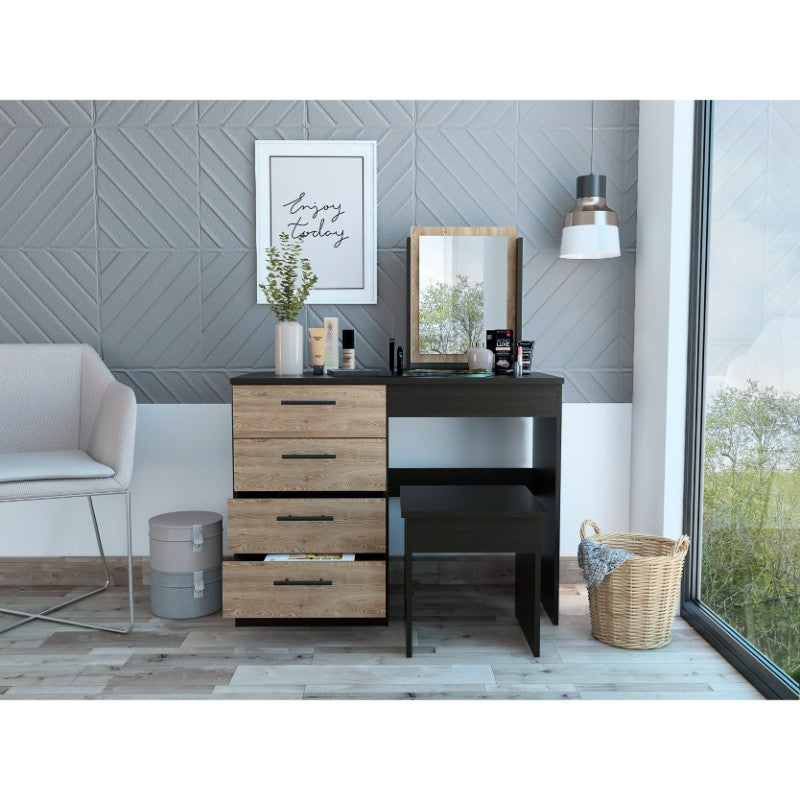 Mueble de Tocador Kaia, Wengue y Miel, con cuatro amplios cajones organizadores y una banqueta - vista 4