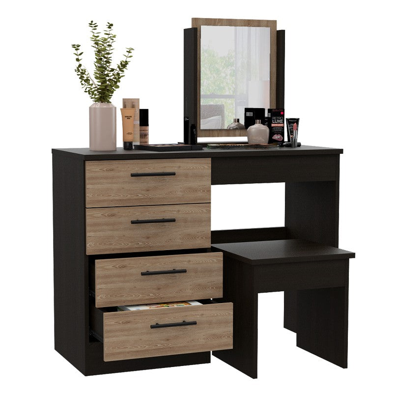 Mueble de Tocador Kaia, Wengue y Miel, con cuatro amplios cajones organizadores y una banqueta - vista 3