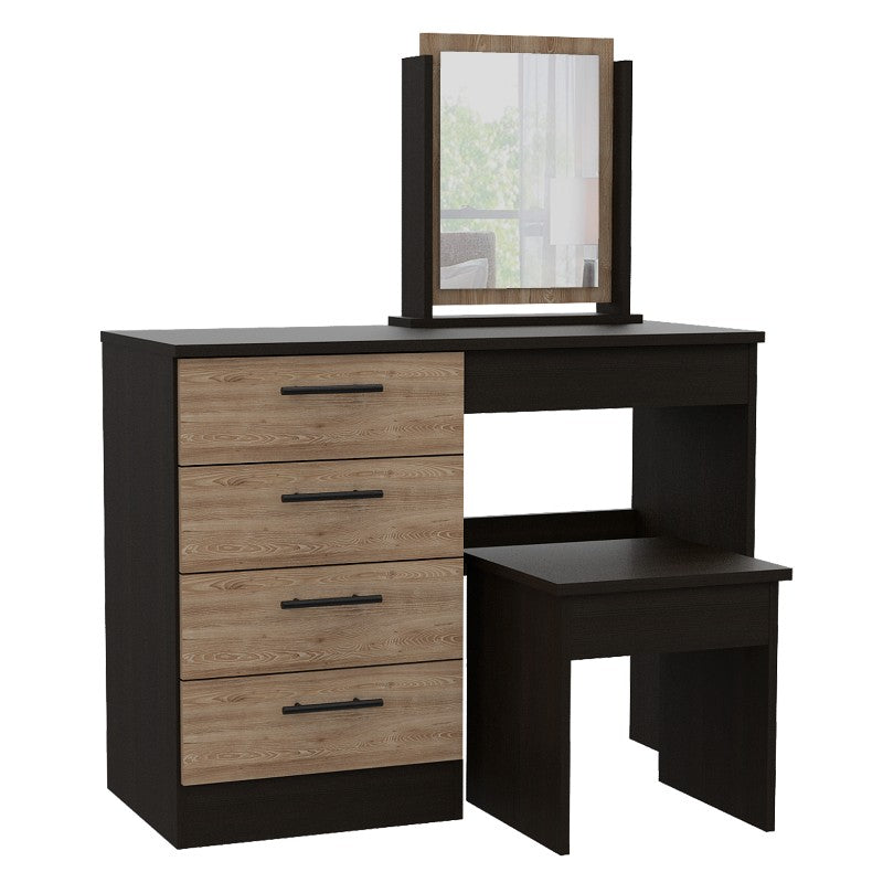 Mueble de Tocador Kaia, Wengue y Miel, con cuatro amplios cajones organizadores y una banqueta - vista 1