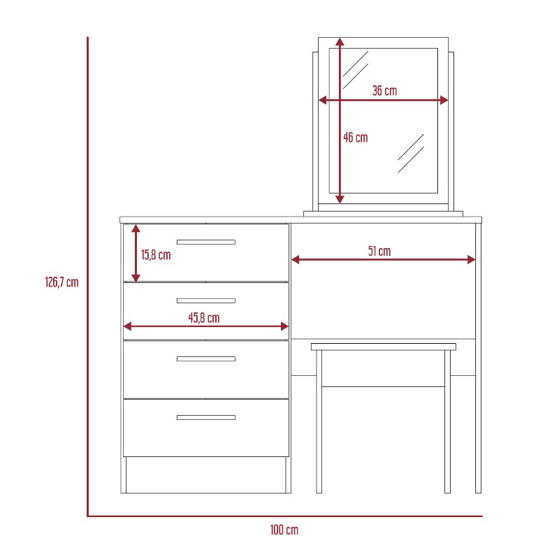 Mueble de Tocador Kaia, Wengue y Miel, con cuatro amplios cajones organizadores y una banqueta - vista 7