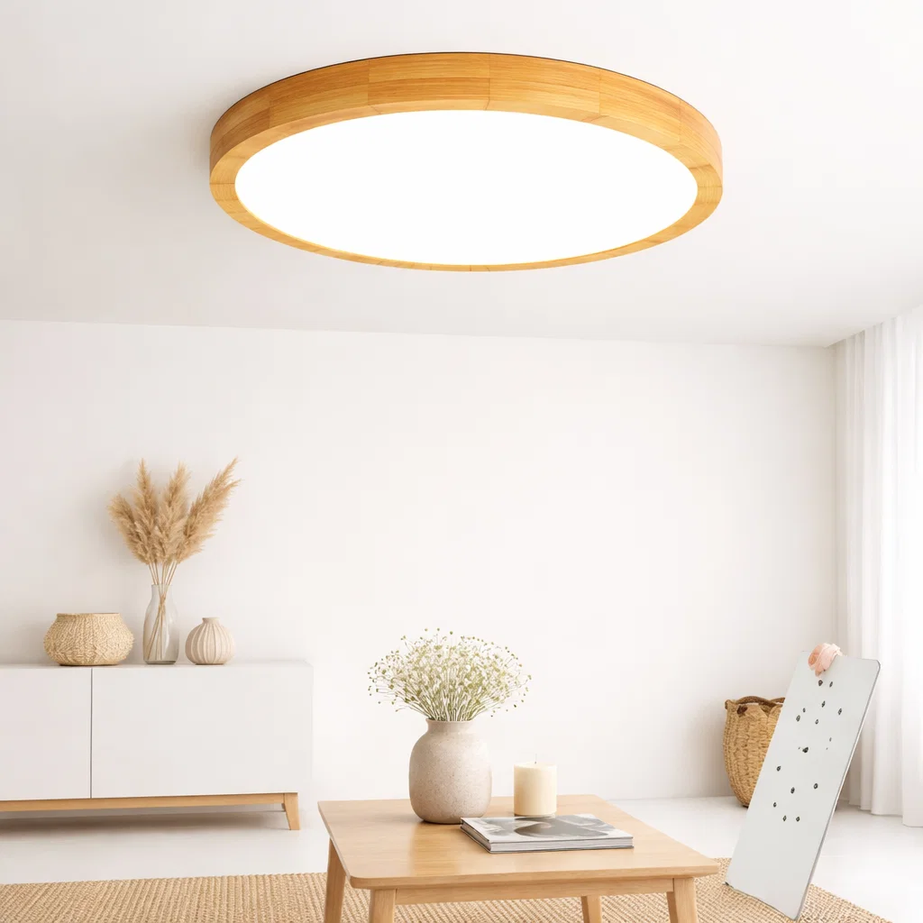 Lámpara led moderna con control redonda sobrepuesta 24+24w 300mm madera clara 3000k-4000k-6000k modelo tannistha Konnergie