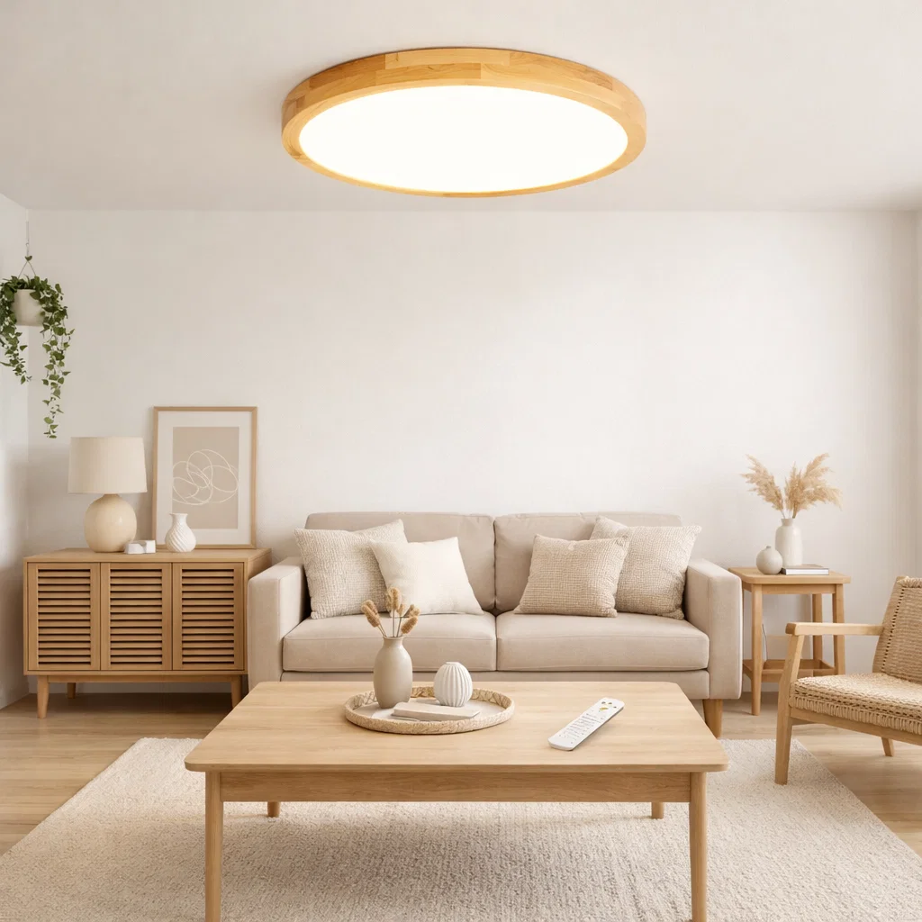 Lámpara led moderna con control redonda sobrepuesta 24+24w 300mm madera clara 3000k-4000k-6000k modelo tannistha Konnergie