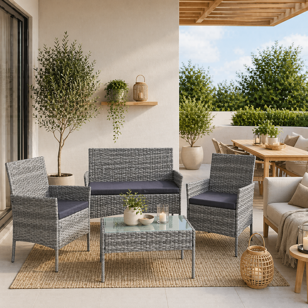 Juego Terraza 4 Piezas Gris Rattan