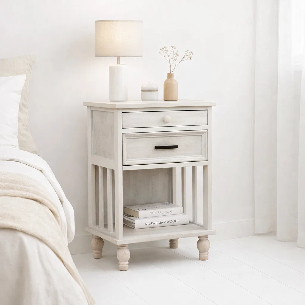 Velador Vintage Provenza 2 cajones Blanco