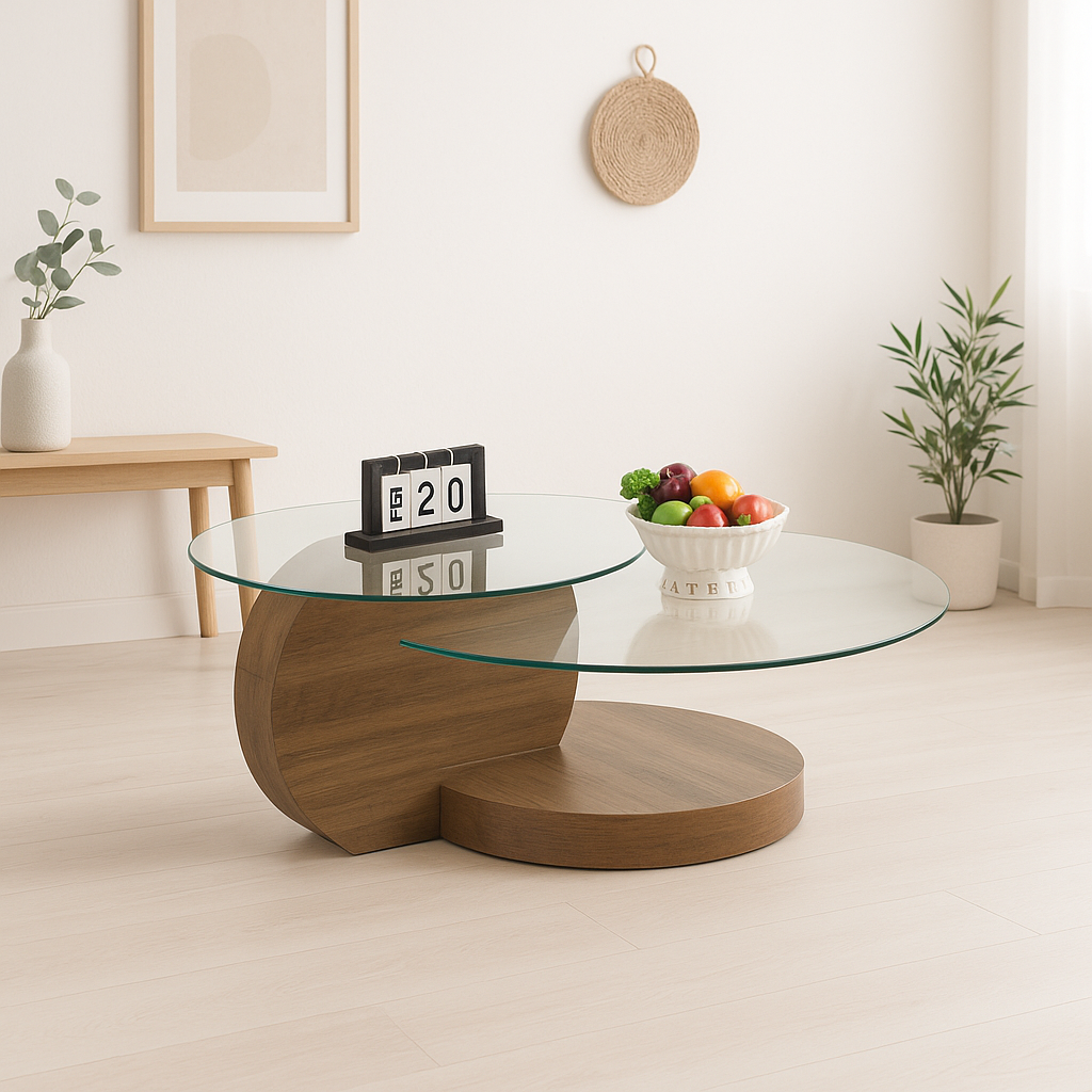 Mesa de Centro DuoGlass con Bases de Madera y Superficie de Vidrio