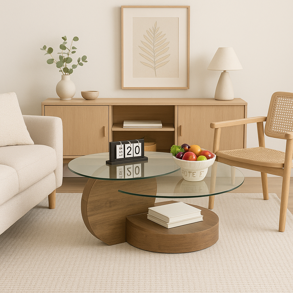 Mesa de Centro DuoGlass con Bases de Madera y Superficie de Vidrio