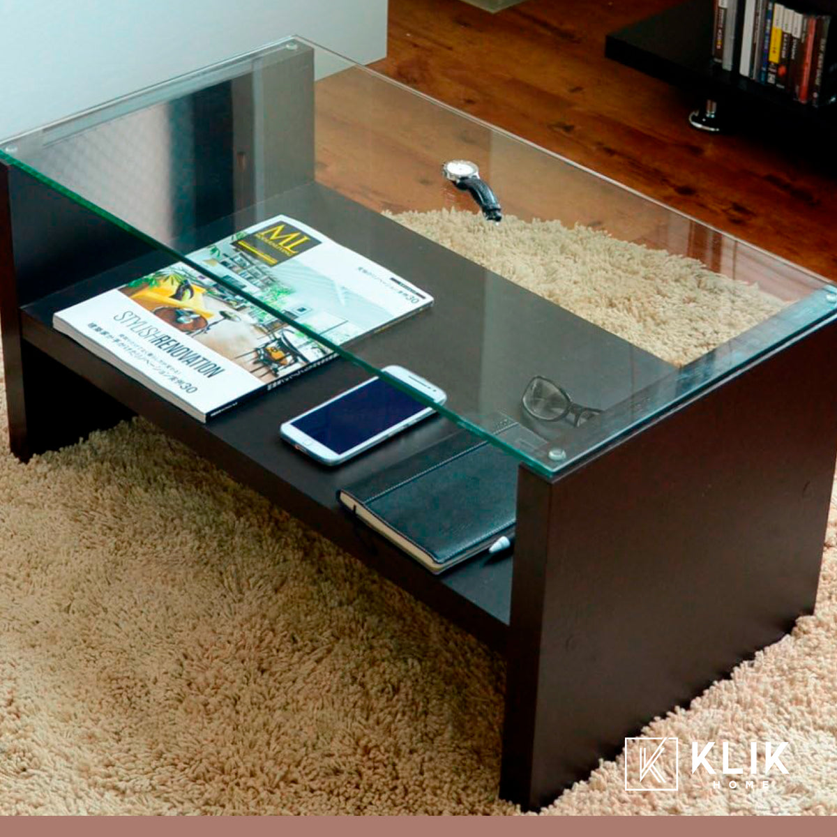 Mesa de centro moderna madera walnut wood vidrio