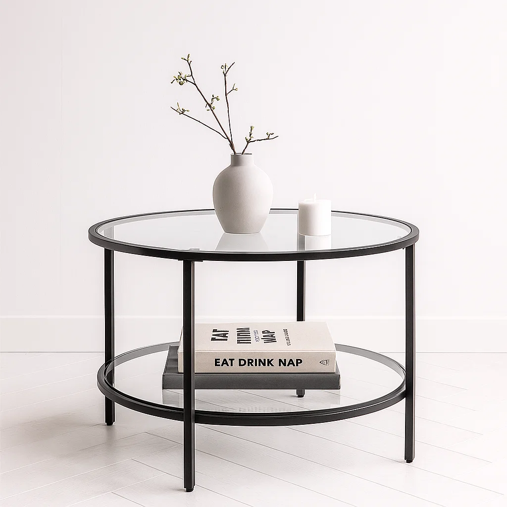 Mesa de Centro Orbe con Vidrio y Metal Negro