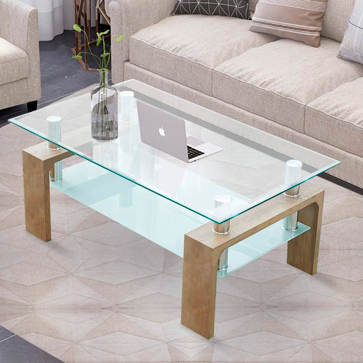 Mesa de Centro Rectangular de Vidrio - Madera clara