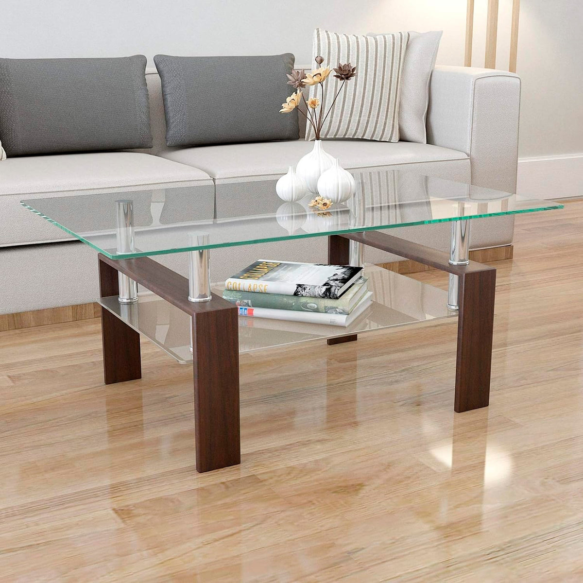 Mesa de centro para living rectangular de vidrio y madera oscura