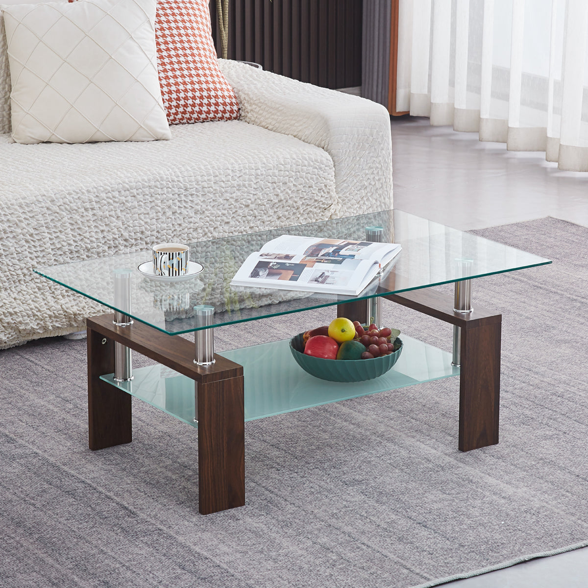 Mesa de centro para living rectangular de vidrio y madera oscura
