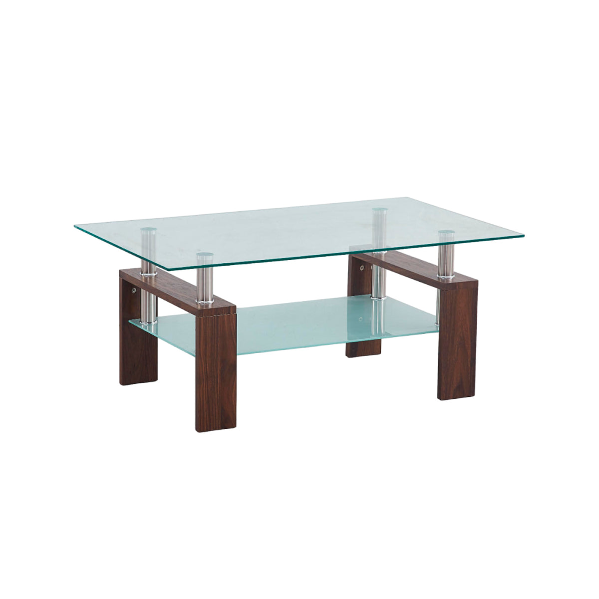 Mesa de centro para living rectangular de vidrio y madera oscura