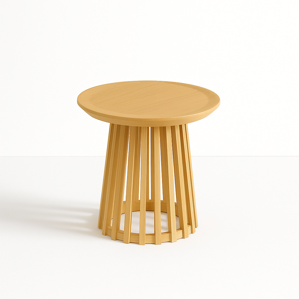 Mesa Redonda de 50 cm Madera Natural con Base Estilo Rejilla