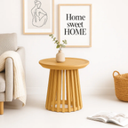 Mesa Redonda de 50 cm Madera Natural con Base Estilo Rejilla