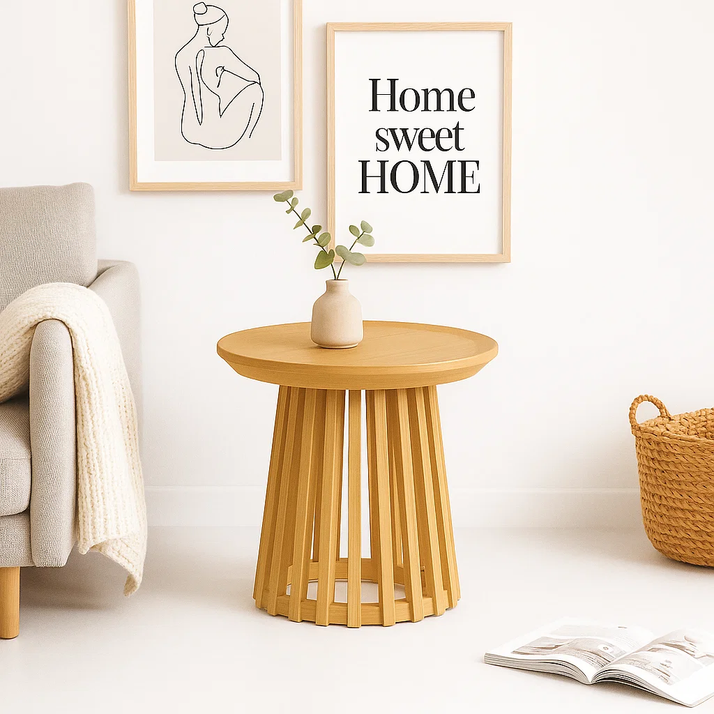 Mesa Redonda de 50 cm Madera Natural con Base Estilo Rejilla