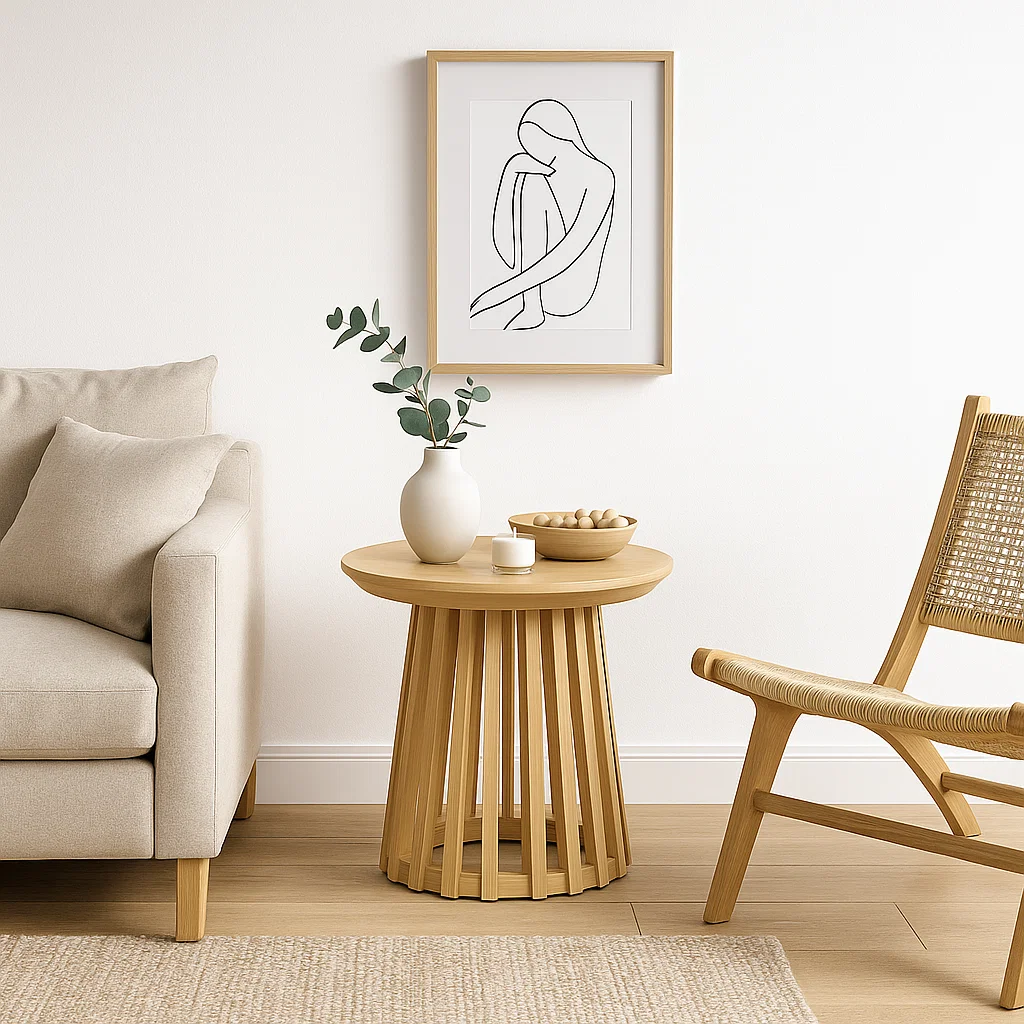 Mesa Redonda de 50 cm Madera Natural con Base Estilo Rejilla