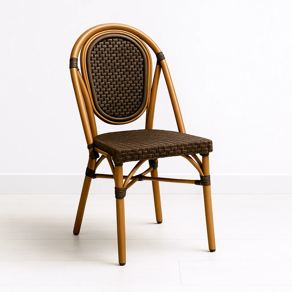 Silla de Exterior Estilo Francés con Marco Dorado y Ratán Oscuro