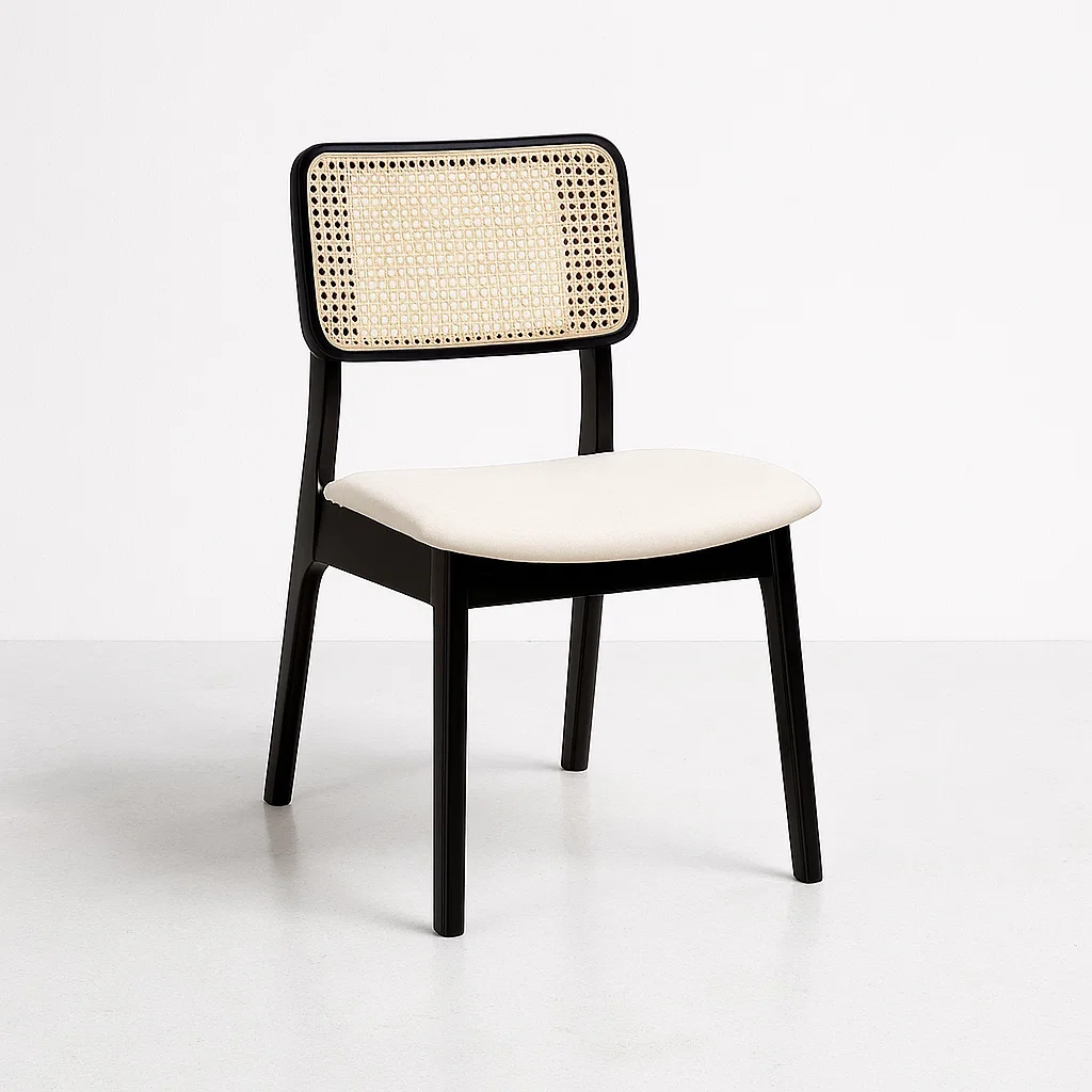 Pack de 2 Sillas de Comedor con Respaldo de Ratán y Asiento Tapizado - Beige