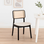 Pack de 2 Sillas de Comedor con Respaldo de Ratán y Asiento Tapizado - Beige
