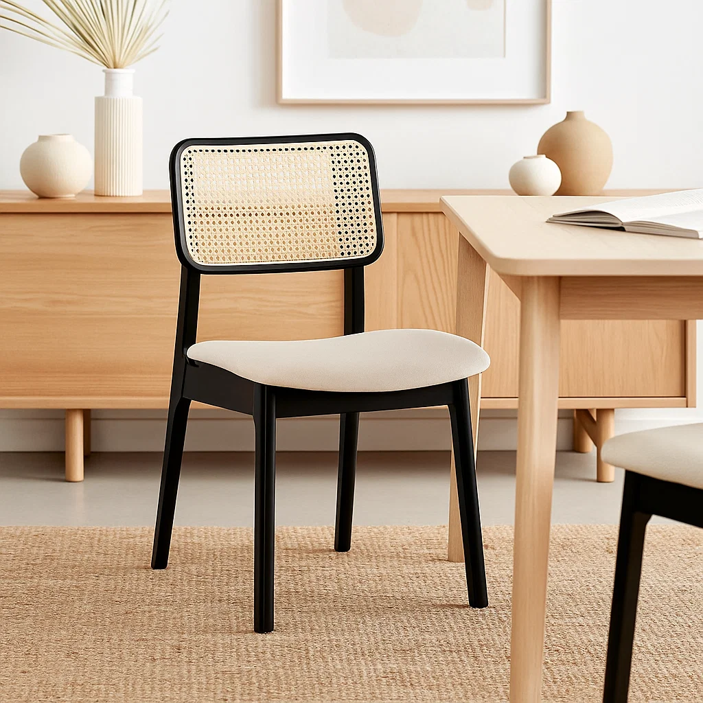 Pack de 2 Sillas de Comedor con Respaldo de Ratán y Asiento Tapizado - Beige