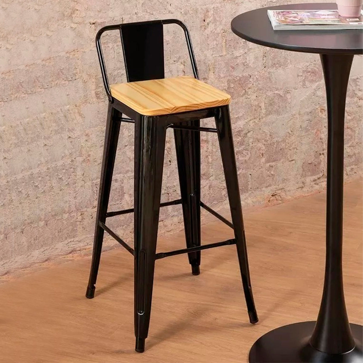 Pack de 4 Taburetes Tólix Alto 77 cms - Negro con asiento de Madera Clara