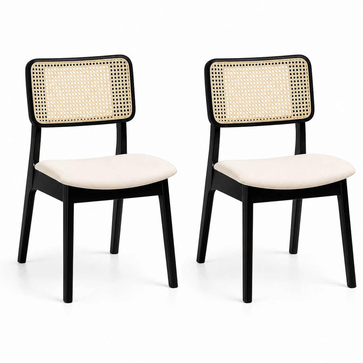 Pack de 2 Sillas de Comedor con Respaldo de Ratán y Asiento Tapizado - Beige