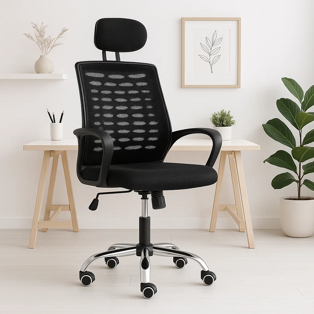 Silla oficina simply mesh negra con apoyabrazos y cabeza
