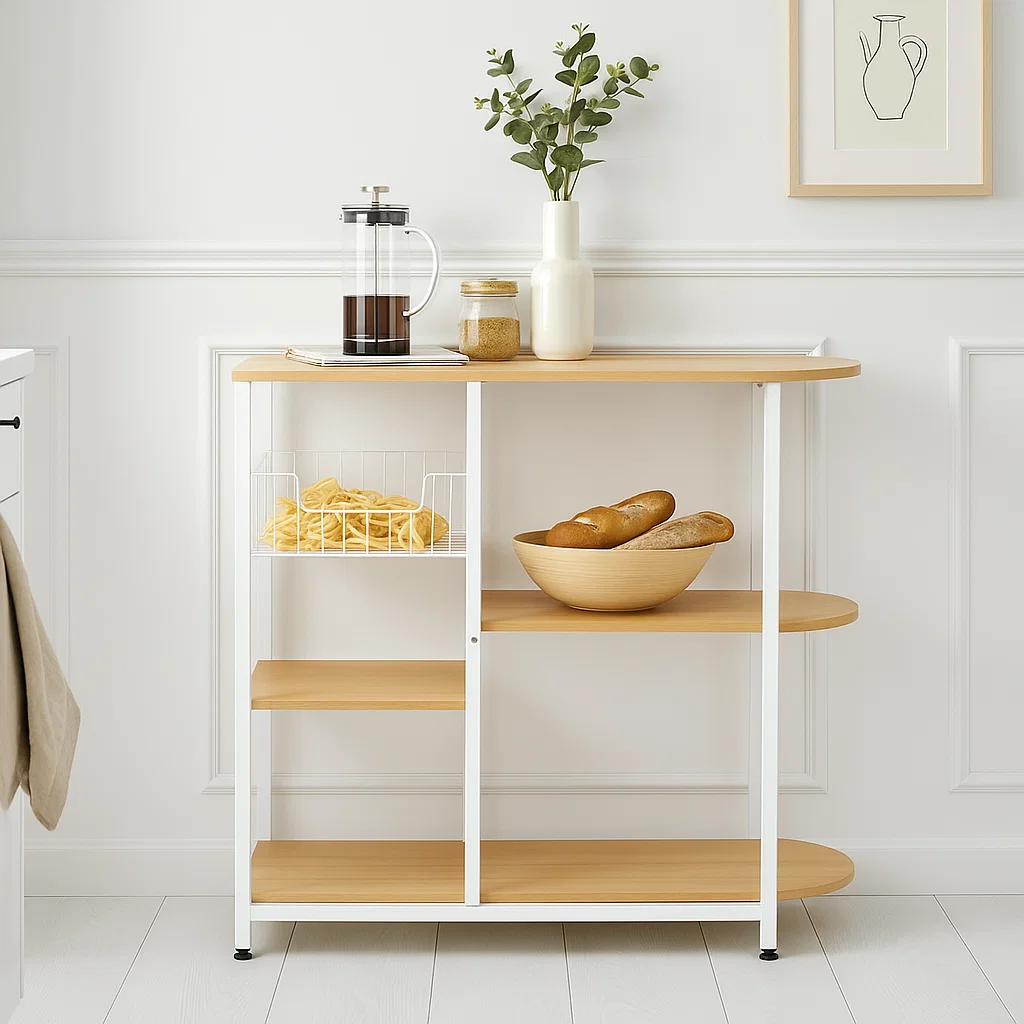 Mesa lateral para cocina de organización 3 niveles madera clara - Blanca para el hogar, disponible en Mons