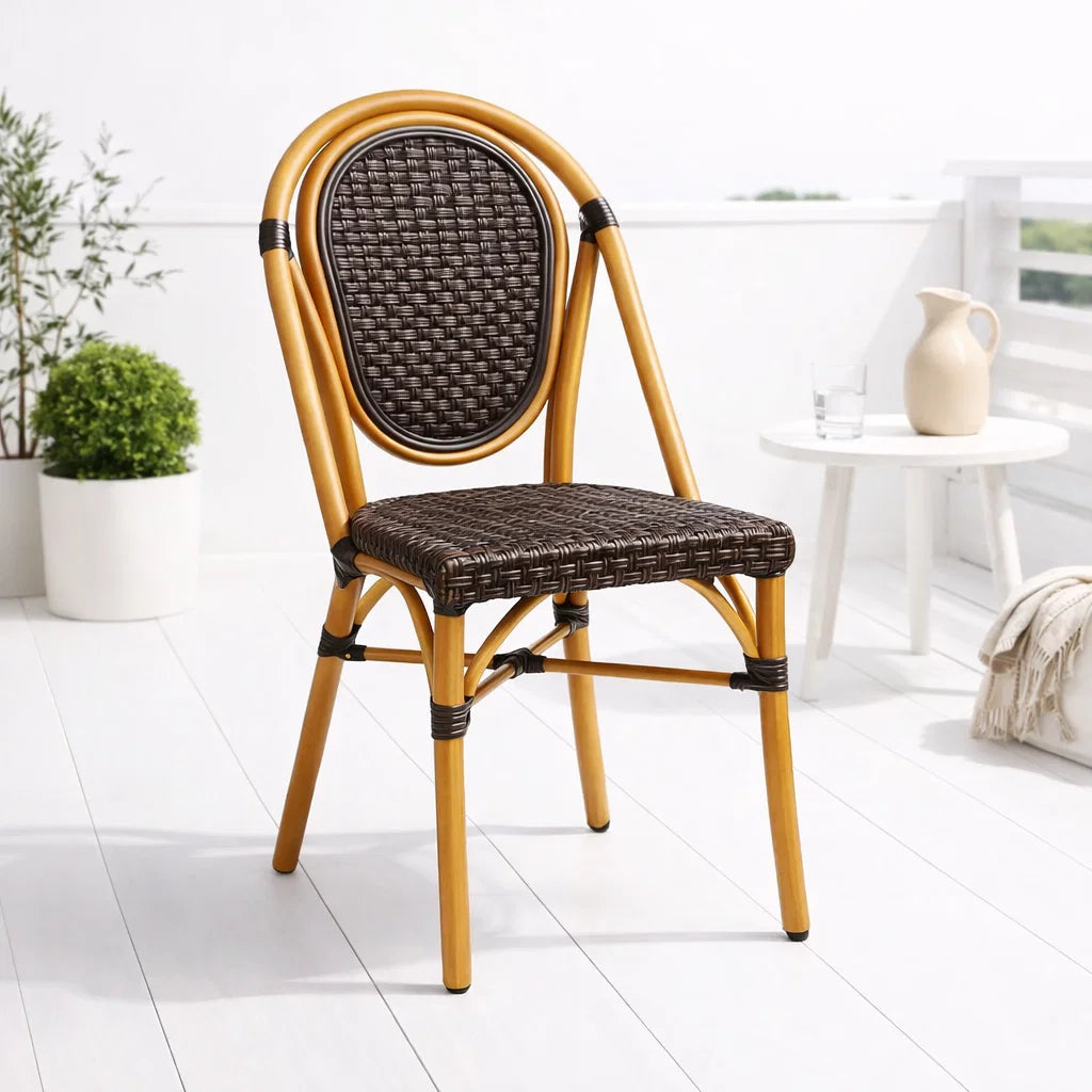 Silla de Exterior Estilo Francés con Marco Dorado y Ratán Oscuro para el hogar, disponible en Mons