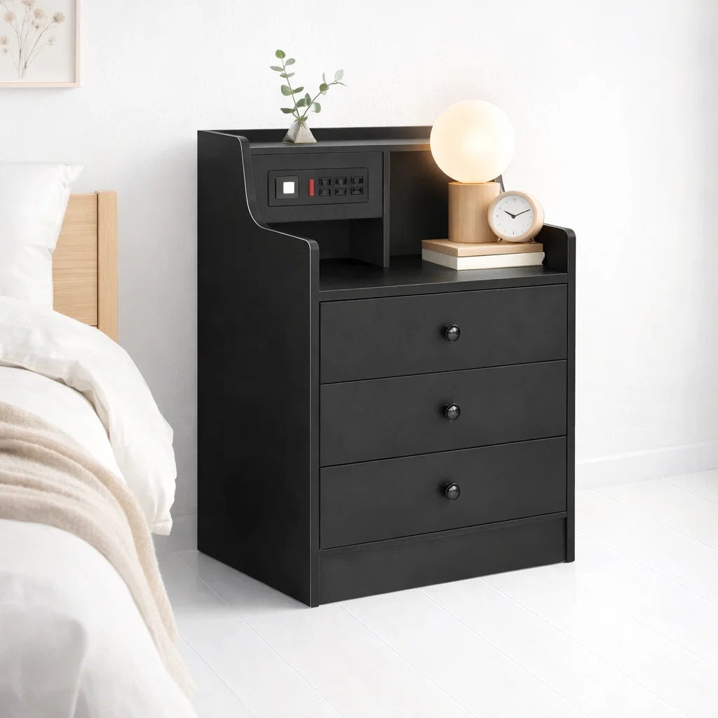 Velador Urbano Smart con Enchufe Integrado Negro de 3 Cajones para el hogar, disponible en Mons