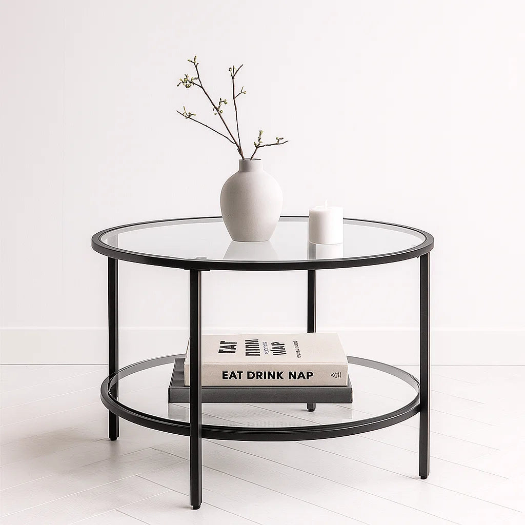 Mesa de Centro Orbe con Vidrio y Metal Negro