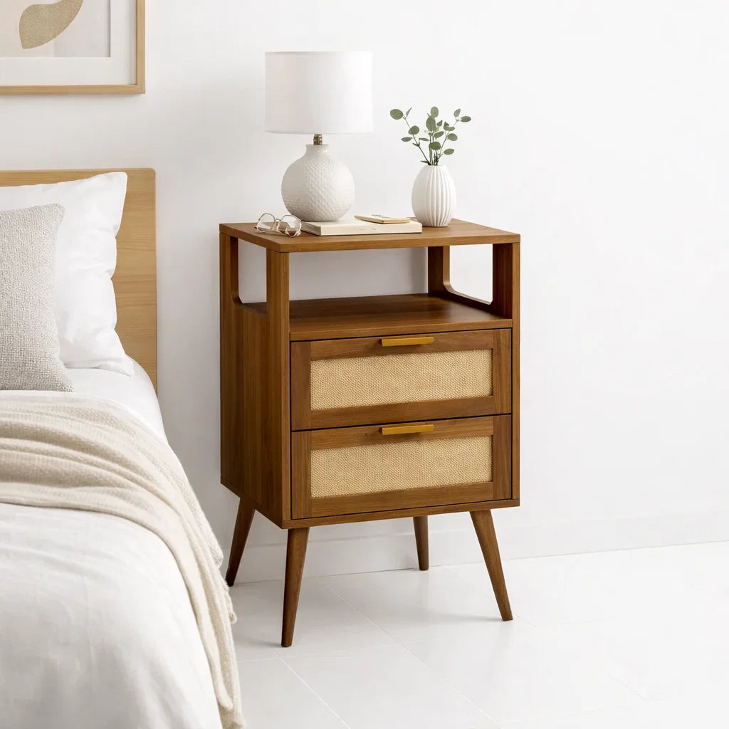 Velador Velia Rattan con Cajones y Diseño Natural para el hogar, disponible en Mons