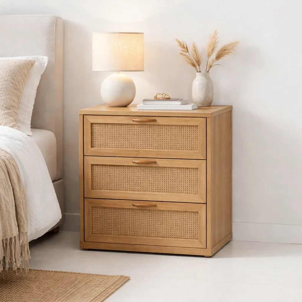 Velador Calma Rattan de Madera Clara con Cajones de Ratán para el hogar, disponible en Mons