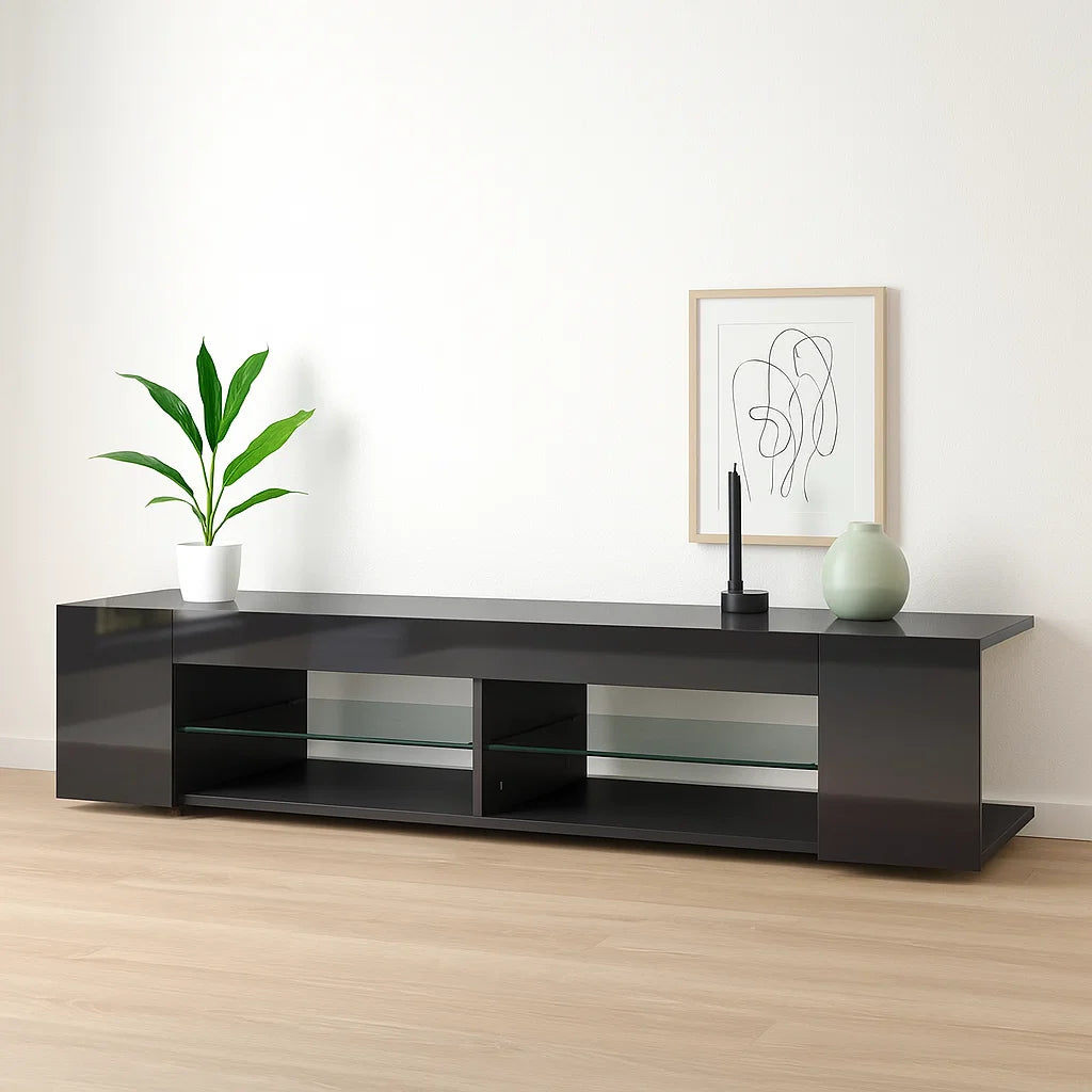 Mueble de TV Moderno Negro con Luces LED y Compartimentos para el hogar, disponible en Mons